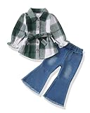 XUANHAO 12 Month Girl Clothes Infant Baby Girls Outfits 18 Month Girls Clothes Winter Green Plaid Button Down Flannel Shirt Flare Jeans Cute Bell Bottom Clothing Sets Baby Girl Outfits 12-18 Months