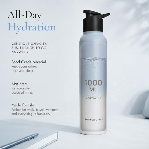 Image of HomeEssentials Premium Stainless Steel Water Bottle - Single-Wall 1000ml | Single-Wall Insulated Leakproof Stainless Steel Lid | Unbreakable, BPA-Free, Fridge Bottles for Home, Office, School, Travel