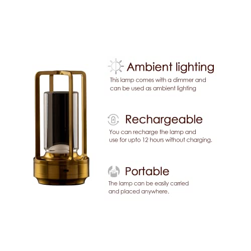 Image of ro:sha Rosha Lumos Wireless Plastic & Acrylic LED Table Lamps | Upto 8-10 Hrs 1800 mAh Rechargeable Batteries | Touch Dimmer Control | 3 Level Brightness (Gold)