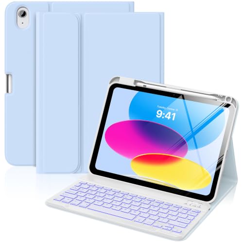 Teclado para iPad 10 y 11 Gen MoKo con QWERTY Español Ñ y Funda Soporte Lápiz Color Azul Cielo