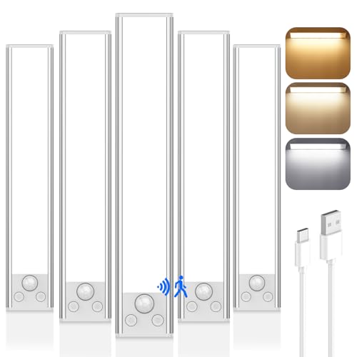 Image of 12in Under Cabinet Lighting Wireless, 2500mAh Rechargeable Motion Sensor Lights Indoor, Battery Operated Closet Lights with 3 Color Tempers 108 LED, Dimmable Cabinet Lights for Kitchen Hallway, 5 Pack