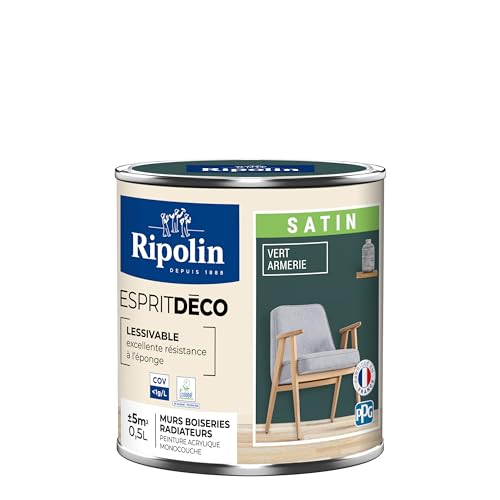 RIPOLIN - Peinture Intérieure Multi-Supports – Murs, Boiseries & Radiateurs – Ultra Couvrante – Lessivable – Application Facile – Ecolabel - Satin - 0,5L - Vert Armerie
