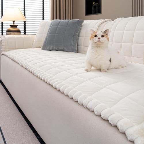 JPGGD Couch Covers for Dogs, Pet Couch Covers for 3 Seats, Couchs Protector for Dogs, Sofa Cover for Pets Washable, Dog Cover for Couch, Velvet Couchs Protector for Pets(1PC,Beige White,27.6"×94.4")