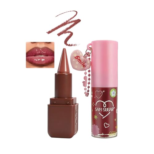 2 szt. Lip Liner & Gloss Lip Combo, zestaw do wyrównywania ust dla kobiet naturalny nawilżający błyszczyk do ust lekki gładki zestaw do konturowania ust brązowy zestaw do konturowania ust (04)