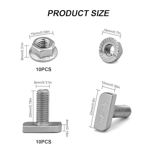 GGXZHT 10 Stück Hammerkopfschrauben M8x20 A2-70aus Edelstahl Sperrzahnmuttern mit Flanschmuttern M8, Gewächshausschrauben für pv Module Photovoltaik-Aluprofil Gewächshaus Solar Montageschiene
