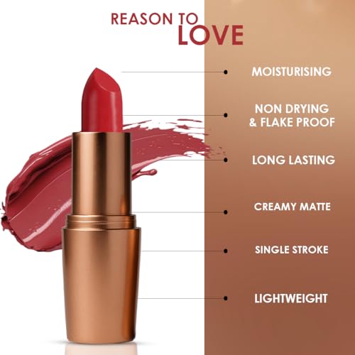 Image of One Wish Creamy Matte Lipstick Long Lasting for Women - Ruby Lush Shade 19 | Full Coverage | Creamy Formula | High-Pigment | SPF | Vitamin E, Almond Oil & Shea Butter for Moisturising Lip | 8 Hrs Lasting | Smooth Finish | 3.8 gm