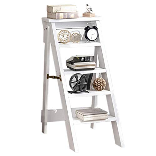 LADDER Paso Stool-, de Madera de Pino Hogar Multifuncional Paso Taburete, Silla Plegable con Niños de 5 Pasos, Doblarla Hacia Arriba Biblioteca Cocina/Oficina / (Color: Blanco)