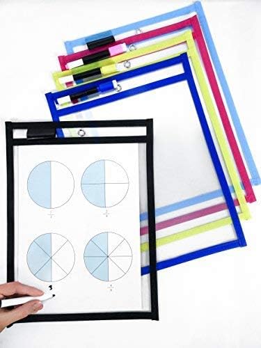 HassoKon Reusable Write and Wipe Pockets - Best for Teachers and Homeschooling - 5 pcs Pack with Markers by EduCatPro