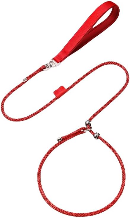 犬の首輪リード 訓練用 スリップリード トレーニング 小型/中型/大型 引っ張り防止 お散歩 首輪 一体型 Pリード (全長180cm 直径6mm,レッド)
