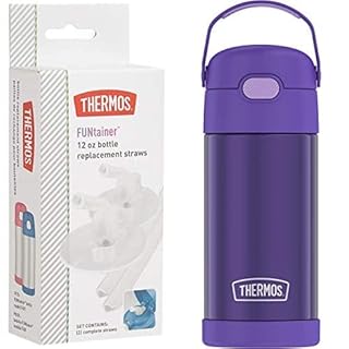 THERMOS FUNTAINER 12 Ounce Stainless Steel Vacuum Insulated Kids Straw Bottle, Violet and Thermos Replacement Straws
