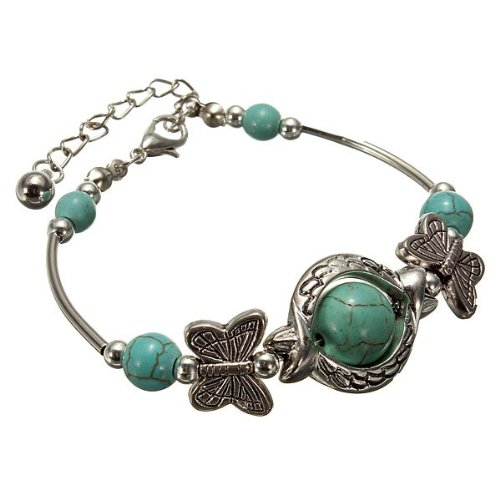Tibetan Turquoise Beads Butterfly Bracelet Silver Plated Chain by Chonlyshop