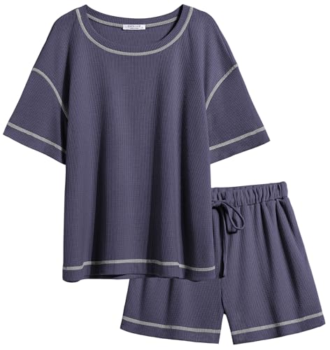 Image of Ekouaer Women's Waffle Knit Two Piece Lounge Set, Soft Matching Outfits for Daily Wear, Casual Shorts Set with Pocket