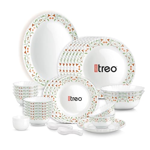 Image of Treo by Milton Opalware Aurelia Meena Dinner Set of 35 | Serving for 6 | Microwave & Dishwasher Safe | Bone-Ash Free | Tempered Toughness | Plates, Bowls, Spoons | Crockery Set for Dining & Gifting