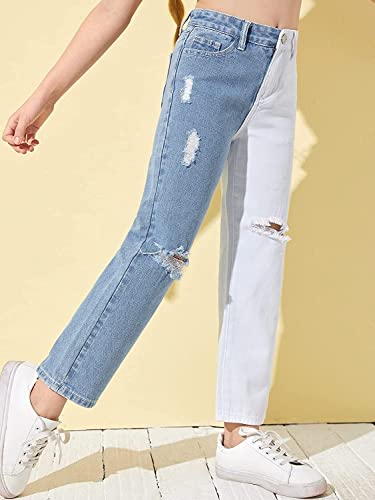 Floerns Girls Colorblock High Waist Ripped Jeans Destroyed Denim Pants White Blue Multi 160 #TOP2