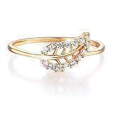 Wellingsale Ladies Solid 14k Yellow Gold Polished CZ Cubic Zirconia Leaf Right Hand Fashion Ring - Size 7
