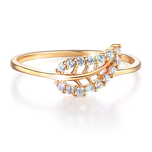 Wellingsale Ladies Solid 14k Yellow Gold Polished CZ Cubic Zirconia Leaf Right Hand Fashion Ring - Size 7