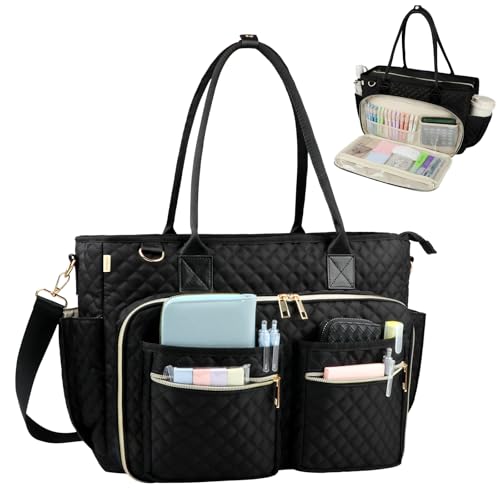 SIYNPAV Teacher Tote Bag with 15.6 inch Laptop Compartment, Large Work Tote Bag with Insulated Pocket, Quilted Nylon Teacher Utility Bag with Shoulder Strap for Office Supplies Organizer Women (Black)