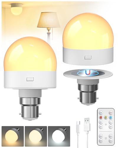 Klarlight 2 Pack Rechargeable Light Bulbs with Remote Control, 40W Equivalent, 2500mAh, 3CCT, Dimmable B22 Magnetic Detachable LED Bulb with Timer, Battery Operated Light Bulb for Lamps