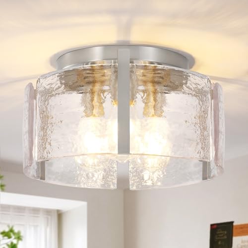 ZXFDWB 14" Modern Semi Flush Mount Ceiling Light, Brushed Nickel 3-Light Fixture with Glass Drum, Dimmable Hallway Lighting for Entryway, Kitchen, Bedroom, Bathroom