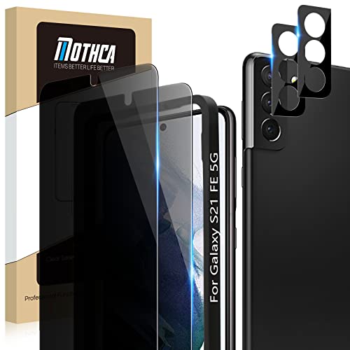Mothca [2+2 Pack] Privacy Screen Protector For Samsung Galaxy S21 Fe 5G 6.4-Inch [Not For S21/Plus/Ultra]Anti Spy Pet Film + Camera Lens Protector With Frame, Fingerprint Id Compatible Easy To Install #TOP2