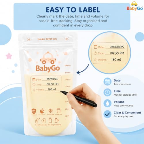 Image of BabyGo Breast Milk Storage Bags Pack of 30 | Leak Proof Zip Lock Bags 200ml