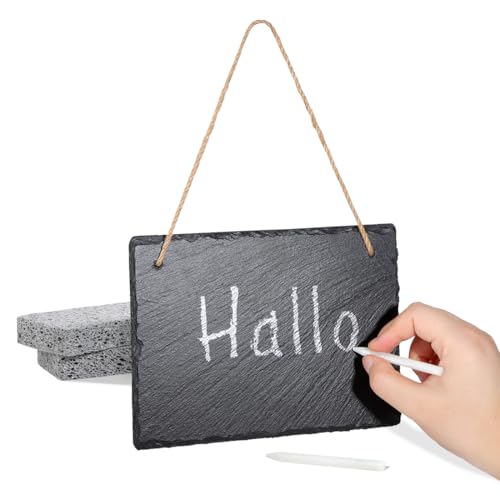 WLWNWFT Schiefertafel zum Beschriften und Aufhängen, Schieferplatte 20 x 15 cm mit Kreide und 2 Schwämmen, Kleine Tafel Wand Notiztafel Kreidetafel für Küche, Wand, Garten