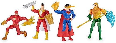 DC Comics, Action Figures 4-Pack, Superman, The Flash, Shazam!, Aquaman 4-inch Figures, Accessories, Superhero Kids Toys for Boys and Girls, Ages 3+