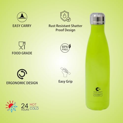 Image of Clay Craft VACBOTT Stark Double Walled 18 Hours Hot and 24 Hours Cold Flask Water Bottle-500ML, 2-Piece(Green) Leak Proof|Easy to Carry|Gym Bottle|Home|Kitchen|Hiking|Travel Bottle|BIS Certified