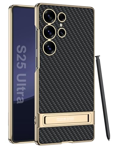 Image of BOUNCEBACK Electroplated Leatherette Back Case /Cover with Kick Stand for Samsung Galaxy S25 Ultra 5g - (Carbon Black | Faux Leather)