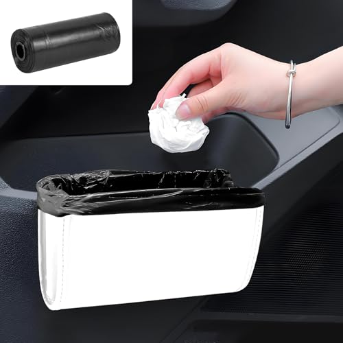 Hovom Car Trash Can, Leather Waterproof Automotive Garbage Can with Trash Bag, Hanging Mini Vehicle Trash Bin, Small Auto Door Organizer Storage Pouch, Universal Car Accessories (White) by Hovom - Used condition - US$6.06