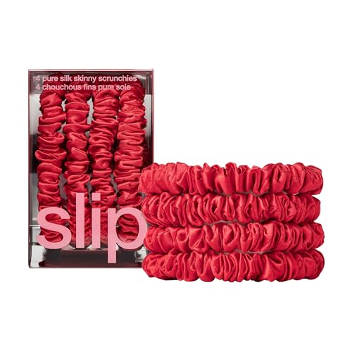 Image of Slip Silk Hair Ties - Skinny Silk Red Scrunchies, No Damage, No Crease, Anti-Breakage |100% Mulberry Silk | All Hair Types | Made with Proprietary Slipsilk | Set of 4