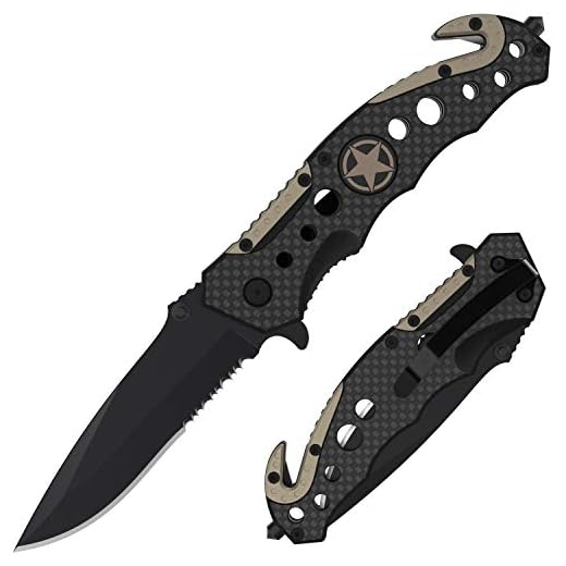 Swiss Safe 3-in-1 Carbon Fiber Tactical Knife for Emergency First Responders with Glass Breaker, Seatbelt Cutter and Steel Serrated Blade
