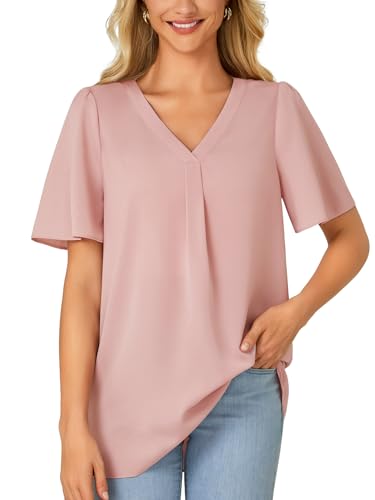 Rooscier Women's Ruffle Short Sleeve V Neck Loose Fit Cute Casual Blouse Tunic Top