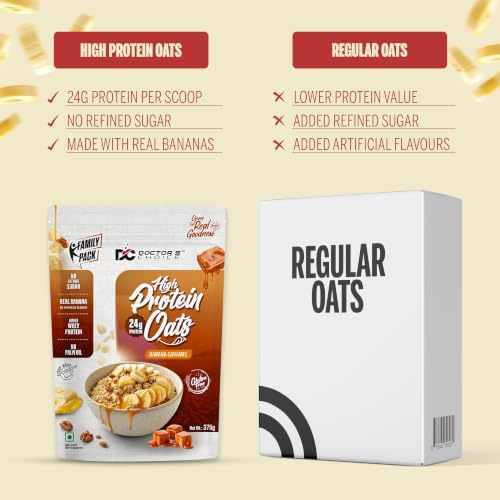 Image of DC DOCTORS CHOICE High Protein Oats Banana Caramel Flavor | 24g Protein | Made with Real Bananas | No Refined Sugar | Healthy Instant Oatmeal Breakfast | High Fiber Oats (375g)