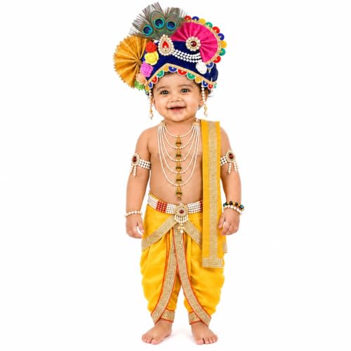Image of Raj Fancy Dresses Krishna Dress for Kids, Baby Krishna Dress for Janmashtami with Krishna Mukut, Peacock Feather & Flute Embroidered Krishna Costume for Girl & Boy, 3 Months-8 Years