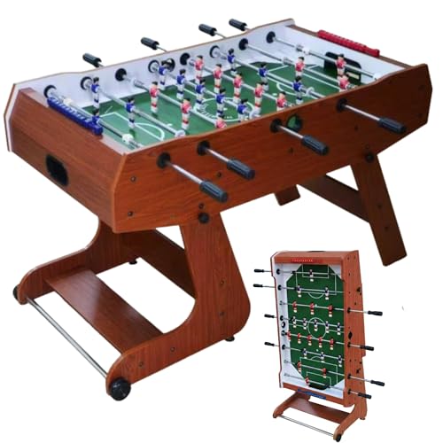 DEVESSPORT Futbolín de Madera Robusto Plegable | con Retorno de Bolas, 3 Balones y Marcadores Deslizantes | Jugadores Azul y Rojo | Fácil Montaje y Ahorro de Espacio – 136.5 x 71 x 86 cm