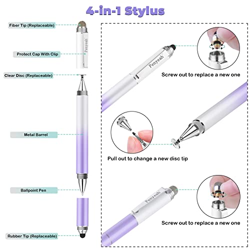 Penyeah Stylus Pen For Ipad/Iphone/Android (4 In 1),Universal Touch Screen Disc Tip/Mesh & Rubber Tip Stylist Pen For All Capacitive Phones/Tablets/Laptops-Dream Purple #TOP1