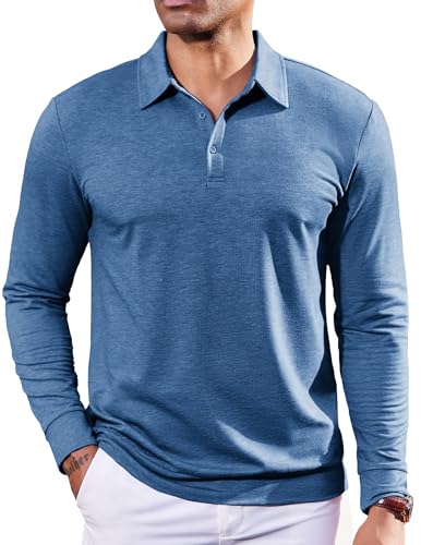 COOFANDY Mens Long Sleeve Polo Shirts with Collar Comfortable Button Down Golf Shirt (Demin Blue, Medium)