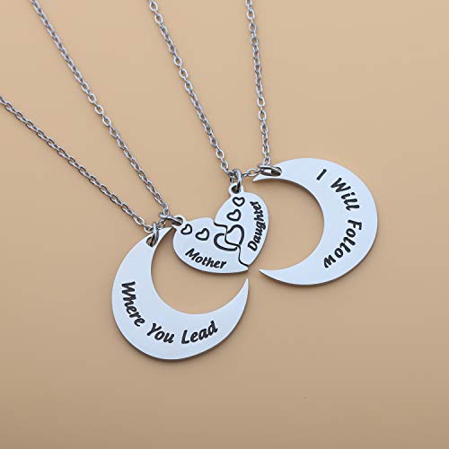 LQRI Mother Daughter Set Necklace Mother Gift Where You Lead I Will Follow Mother Daughter Matching Moon Love Heart Necklace3