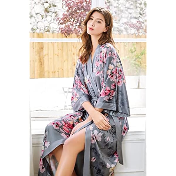 Coucoland Bata larga de satén para mujer, para verano, kimono, estampado de flores, albornoz, kimono, cárdigan de punto, para mujer, largo, con flores, para fiesta