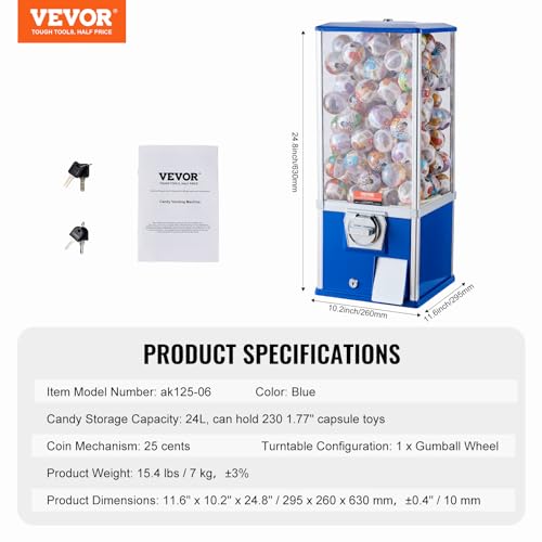 Image of VEVOR Gumball Machine for Kids, 25 inch Height Home Vending Machine, PS Bouncy Balls Dispenser, Hold 230 Capsule Toys, Rectangle Bubble Gum Machine for Game Stores, Coin Operated Gumball Bank, Blue