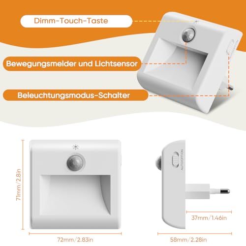 Suright [2 Stück] Nachtlicht Steckdose mit Bewegungsmelder, LED Nachtlichter Warmweißes Licht, 3 Modi (ON/Auto/OFF), Stufenlose Dimmung, für Kinder Schlafzimmer, Flur, Treppenhaus, Küche, Badezimmer