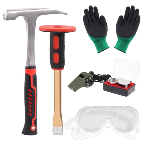 Tanstic Kit de 6 pièces marteau et burin de géologie, marteau de 850,5 g et burin de creuseur de 30,5 cm, sifflet, lunettes de sécurité, loupe de bijoutier et gants, équipement de chasse au rocher