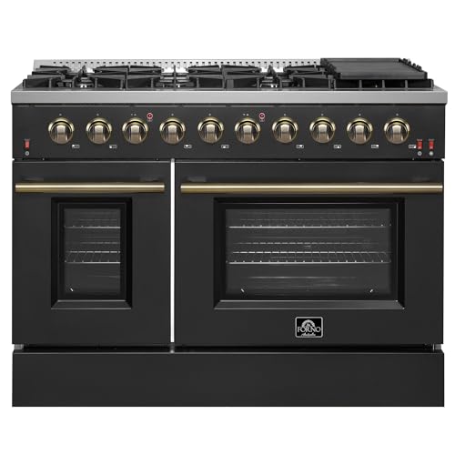 FORNO Galiano 48" Gas Range, 6.58 cu.ft. Convection Oven – 8 Sealed Burners, Dual-Ring 20,000 BTU Burner, Cast Iron Grates, Griddle – Black with Antique Brass Accents