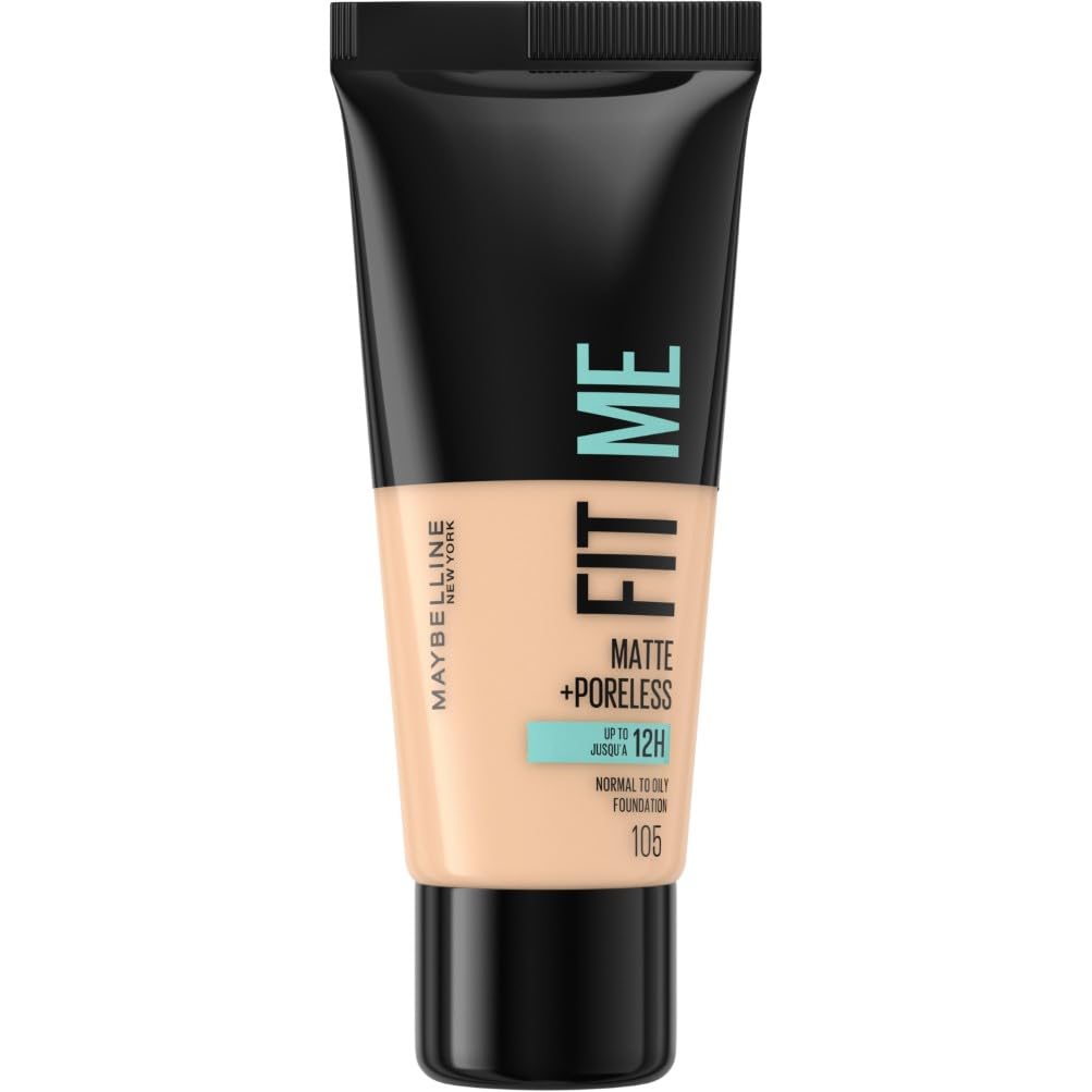 Maybelline Fit Me Foundation, Lightweight Medium Coverage, Blendable With a Matte and Poreless Natural Finish, For Normal to Oily Skin, Shade: 105 Natural Ivory, 30ml