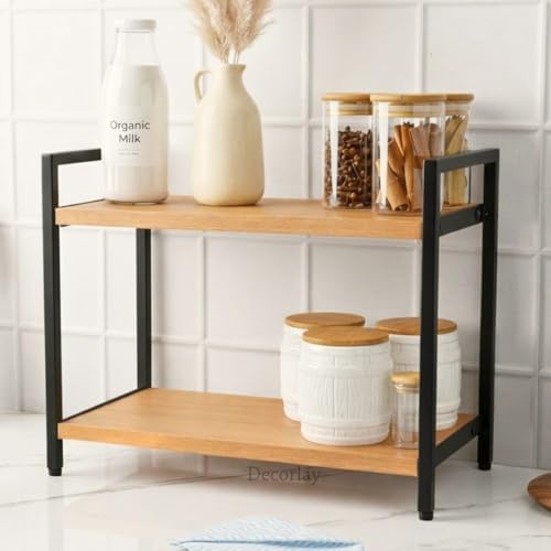 Image of Decorlay Kitchen Countertop Storage Organizer Laminated Board with Metallic Frame, Space-Saving Rack for Spice Bottles & Condiments | Beech & Black | Pack of 1