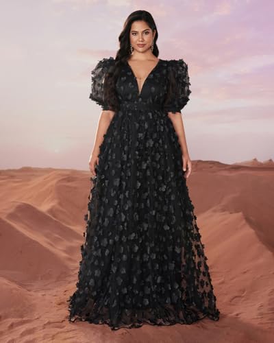 Women's Plus Size Puffy Sleeve V Neck A Line Floral Tulle Formal Maxi Dress Prom Evening Party Gowns Black2