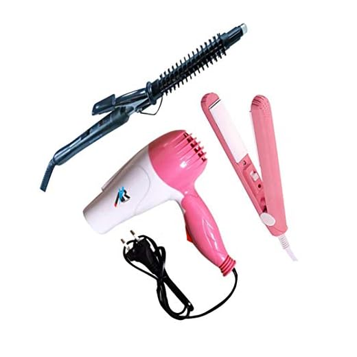 Arzet Combo of Professional Mini Hair Straightener & 471B Hair Curling Rod With Folding 1290-B Hair Dryer With 2 Speed Control-(Muti-Color)
