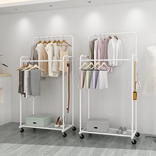 Simple Trending Double Rod Clothes Garment Rack, Heavy Duty Clothing Rolling Rack On Wheels For Hanging Clothes,With 4 Hooks, White #TOP5
