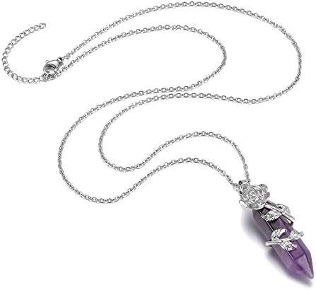CrystalTears Amethyst Crystal Necklace Rose Flower Wire Wrapped Healing Crystal Points Gemstone Pendant Natural Quartz Crystal Stone Necklace Jewelry for Women Christmas Valentine's Day Gift for Her